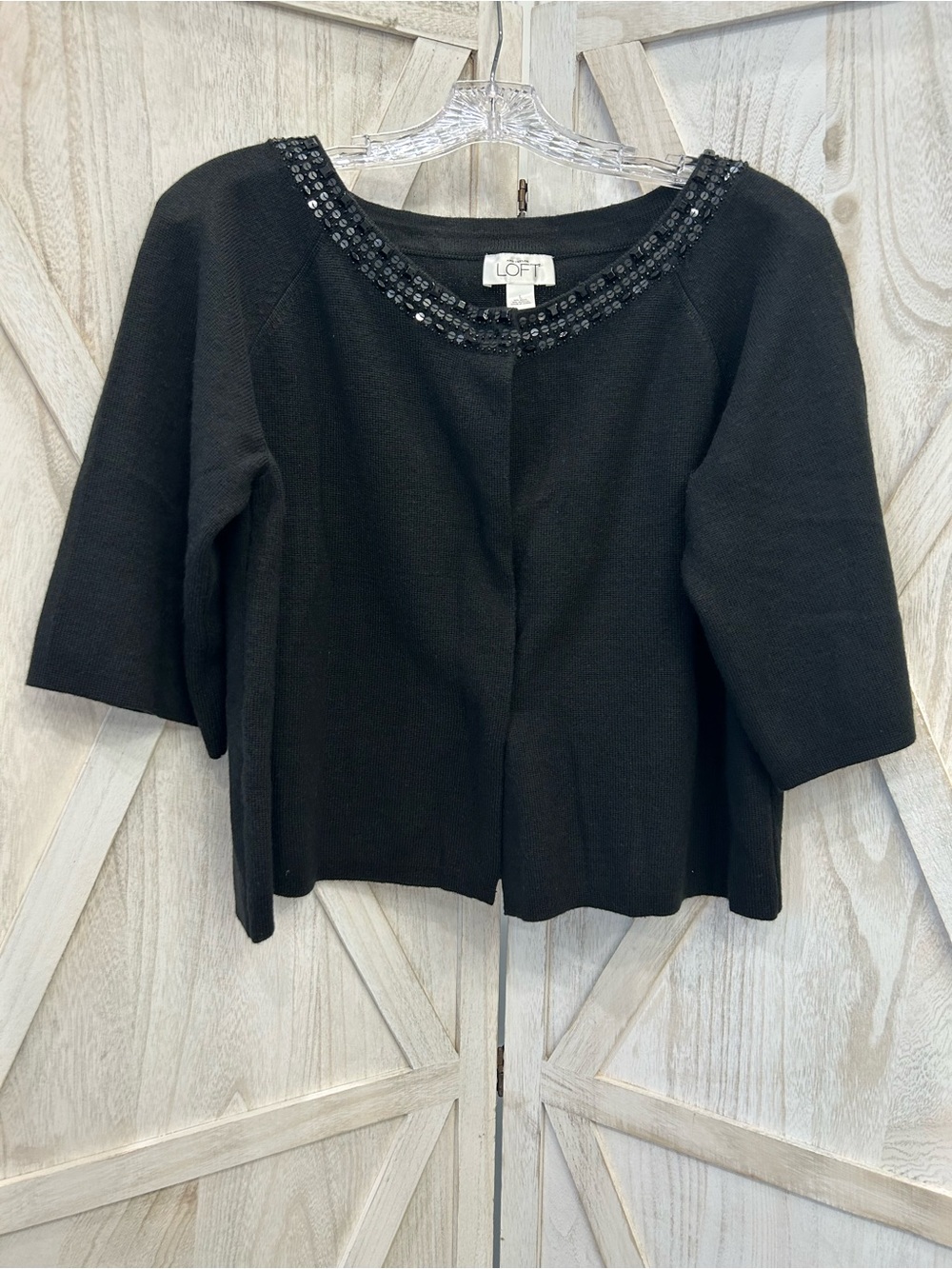 LOFT Black Beaded Collar Cropped Cardigan